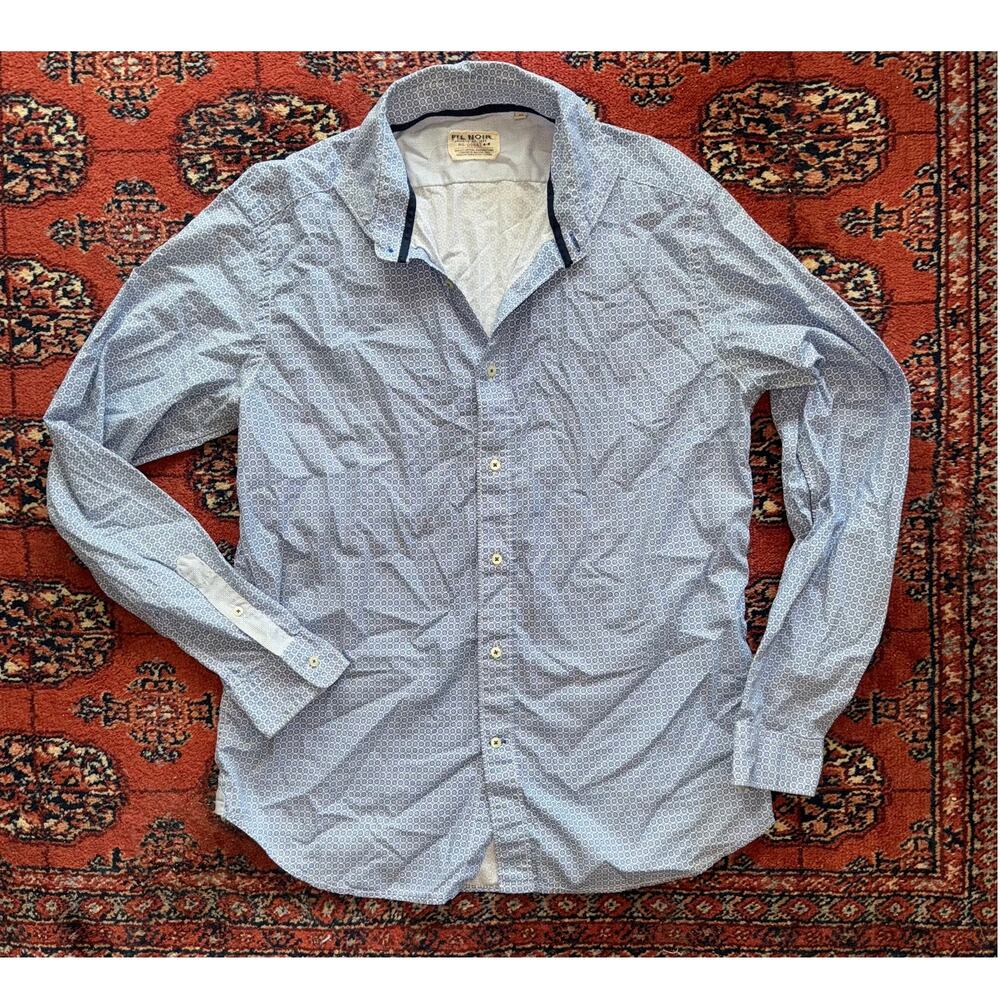 Fil Noir Button Down Shirt Mens 43 Blue Geometric Floral Print Manzini, Italy
